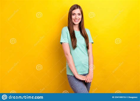 Photo Of Cute Brunette Hairdo Millennial Lady Hold Hands Wear Teal T