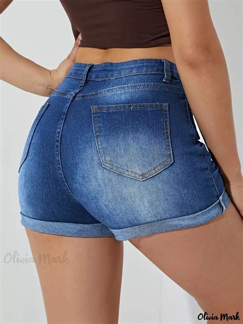 Olivia Mark Blue Rolled Hem Denim Shorts High Waist Slim Fit Whiskered Denim Shorts Women’s