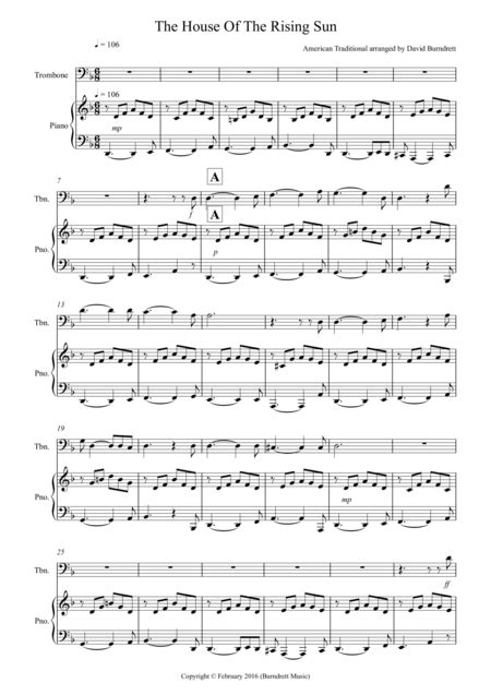 House Of The Rising Sun For Trombone And Piano Arr David Burndrett