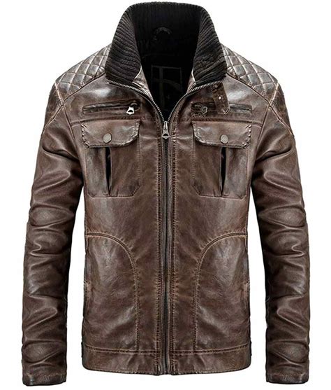 Mens Quilted Shoulders Distressed Brown Leather Motorcycle Jacket