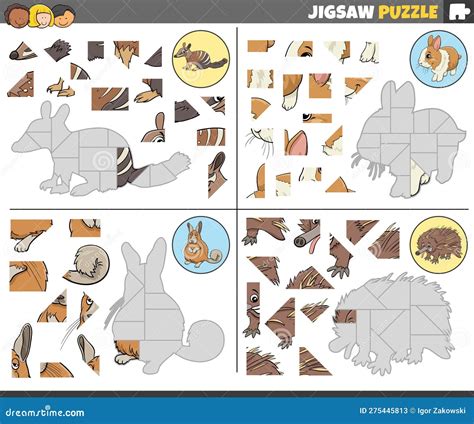 Jigsaw Puzzle Games Set with Funny Cartoon Animals Stock Vector ...