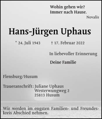 Traueranzeigen Von Hans J Rgen Uphaus Sh Z Trauer