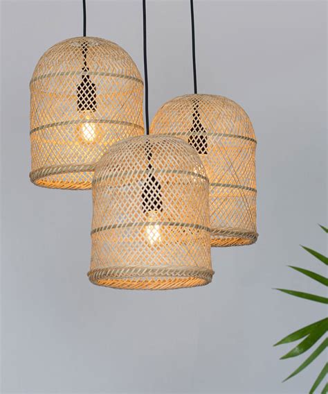 Woven Bamboo Pendant Lights Triple Cluster Canopy