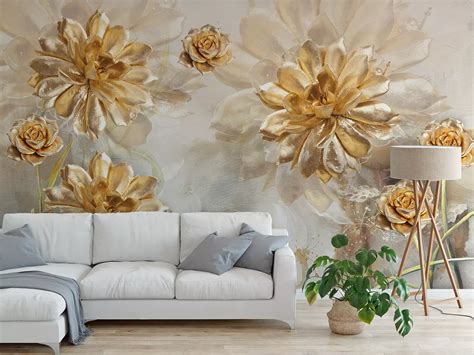 3D Flower Wallpaper Illustration of golden Flowers – Merawalaprint