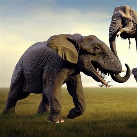 A T Rex Fights An Elephant On The Open Plains Highly Stable Diffusion