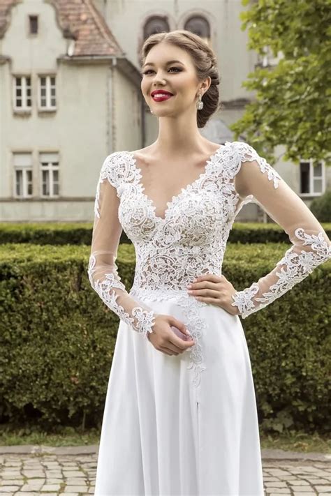 High Slit Beach Wedding Dresses 2015 V Neck Deep V Back Lace Chiffon Sheer Long Sleeve Bridal