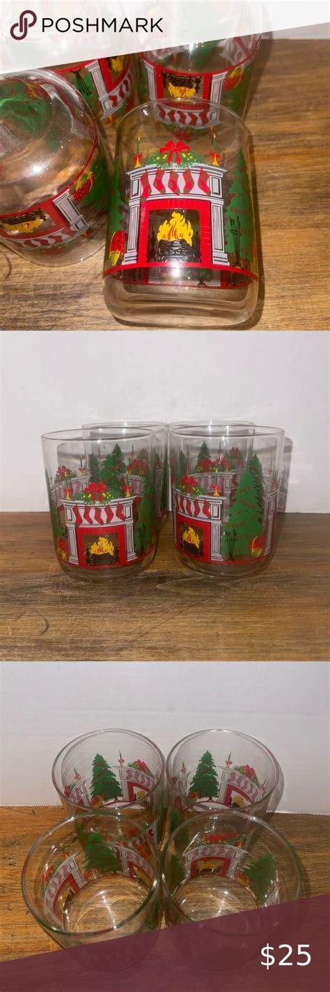 Vintage Libbey Fireplace And Trees Holiday Old Fashioned Set Of 4 25