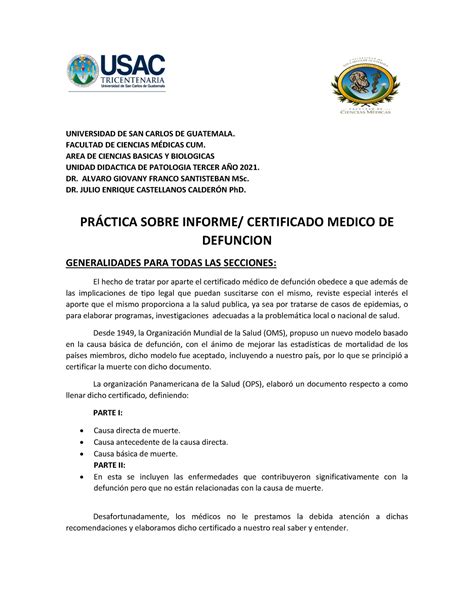 Practica Sobre Certificado Medico De Defunci N Universidad De San