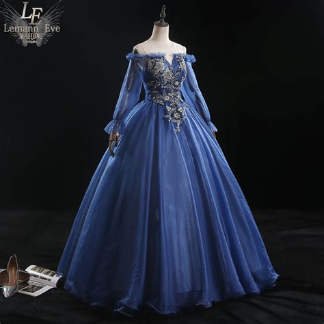 100 Real Long Sleeve Royal Blue Beading Stage Ball Gown Cosplay Court