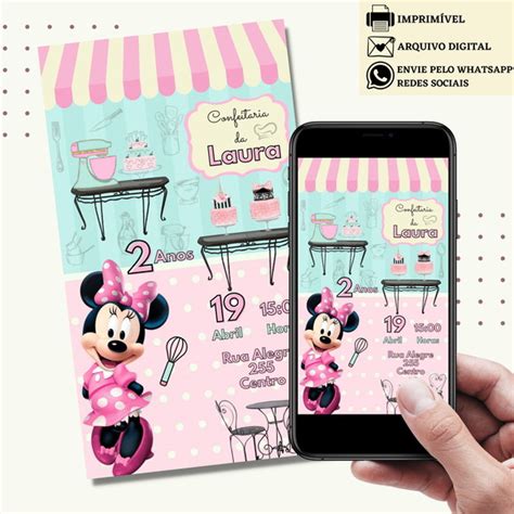 Convite Minnie Rosa Confeitaria Digital Virtual Elo