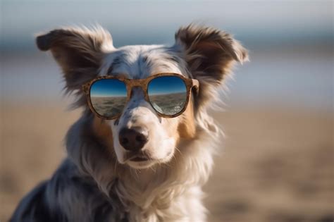 Un Perro Con Gafas De Sol En La Playa Foto Premium