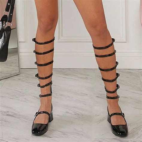 Black Patent Leather Closed Round Toe Knee High Gladiators With Chunky