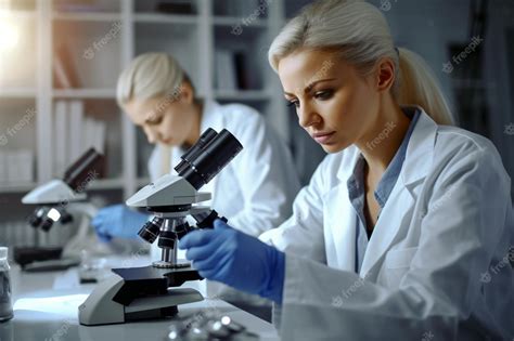 Premium Ai Image Two Women In Lab Coats Look Through A Microscope