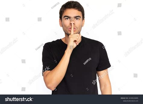 Serious Young Man Shushing Portrait Strict Stock Photo 2239519495