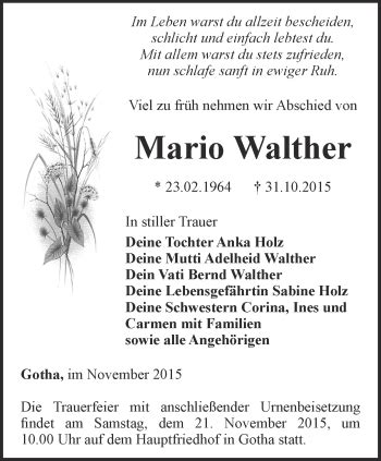 Traueranzeigen Von Mario Walther Trauer In Thueringen De