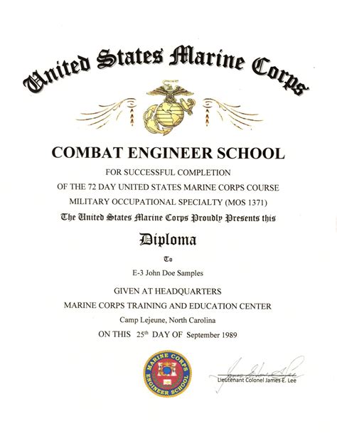 United States Marine Corps Combat Engineer School Course Certificate ...