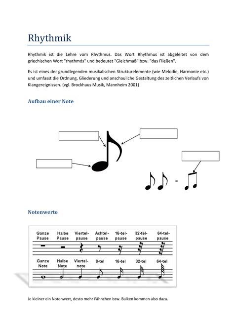 Rhythmus Notenwerte Merkblatt Übungen Unterrichtsmaterial im Fach