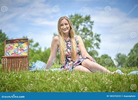 Stunning Young Blonde Woman Picnic Stock Image Image Of Basket Cute 185376223