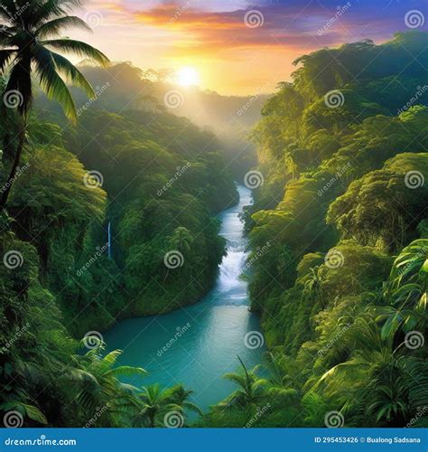 Sunrise Rainforest African Jungle River With Tropical Vegetation And