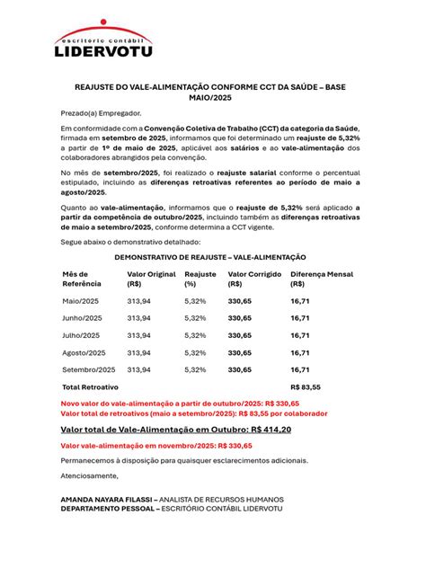 Vale Alimentação Porteiro 12x36 2025 - Reajuste Vale-Alimentação Saúde 2025 | PDF | Salário | Acordo coletivo