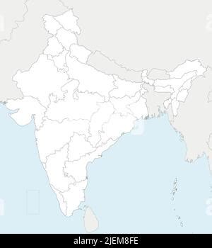 Blank political map of India. Administrative divisions - states and union territories. Simple ...