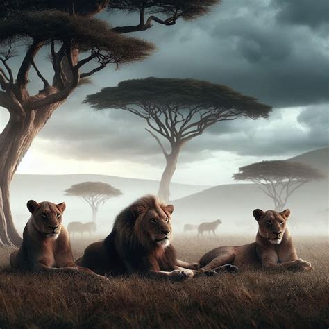 Premium AI Image | Lion family on the savannah AI generated Illustration