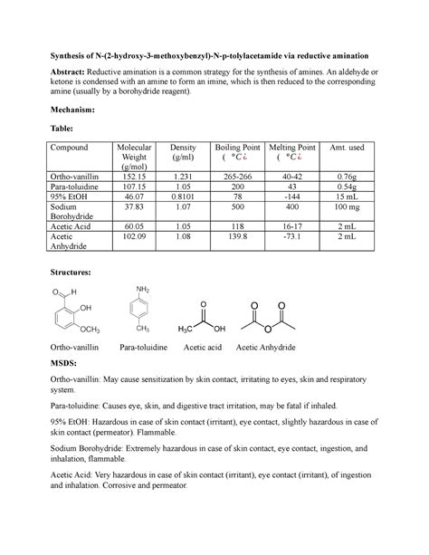 Reductive Amination Chemistry Lab Experiment Synthesis Of Studocu