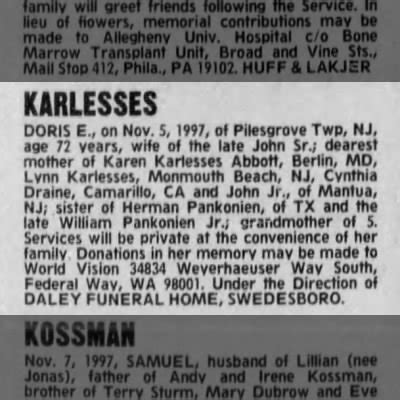 Obituary For DORIS E KARLESSES Aged 72 Newspapers