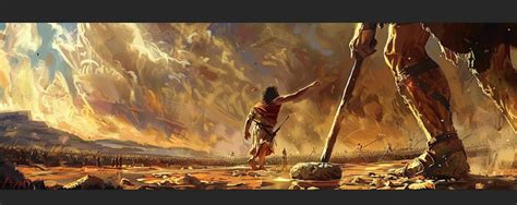 A Powerful Scene Of David Defeating Goliath With A Sling And A Stone