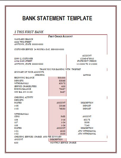 Printable Bank Statement Format | Free Word Templates