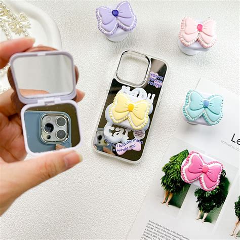 Cute Bow Mirror Plain Color Phone Grips Griptok Bracket Plain Phone