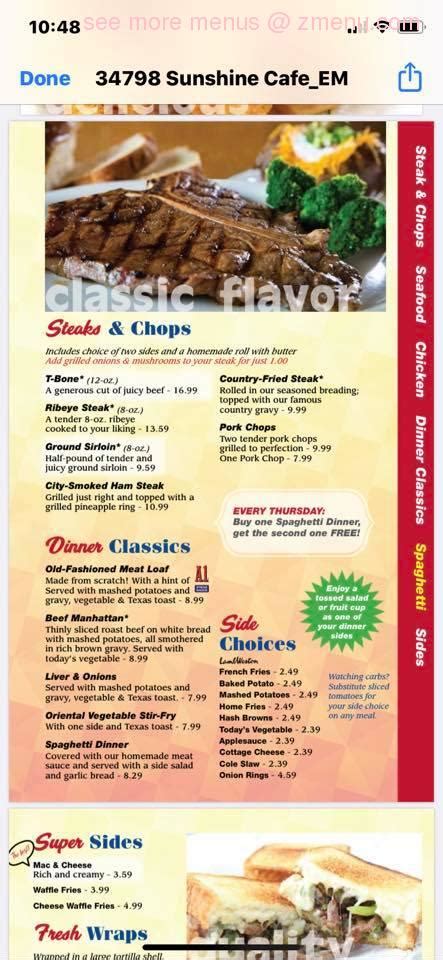 Menu At Sunshine Cafe Muncie Muncie