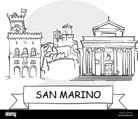 San Marino Cityscape Vector Sign Line Art Illustration With Ribbon And Title Stock Vector Image