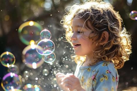 Niño alegre jugando con burbujas de jabón en un parque iluminado por el