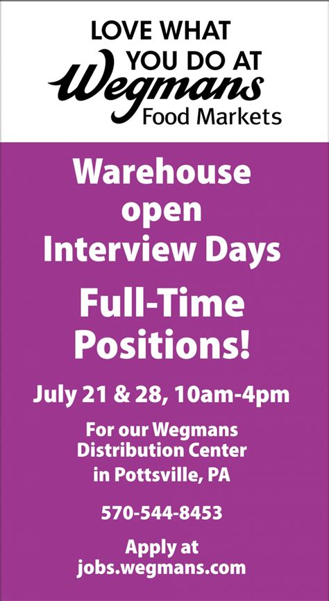 Warehouse Open Interview Days, Wegmans Food Markets, Pottsville, PA