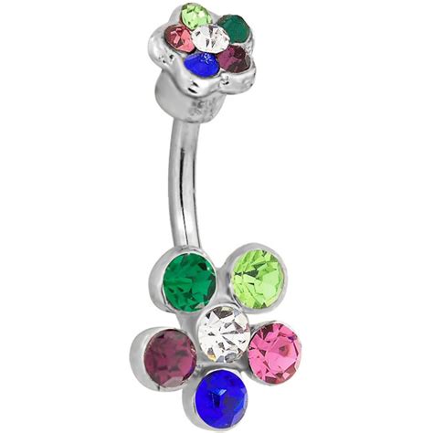 Surgical Steel Double Flower Rainbow Jeweled Belly Button Ring Forbidden Body Jewelry