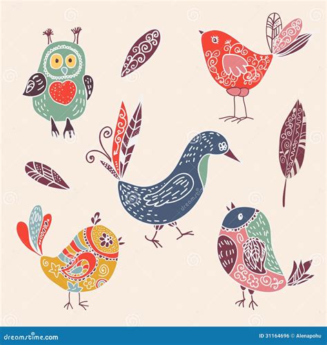 Color Vintage Cute Cartoon Birds Doodle Set Royalty Free Stock Image