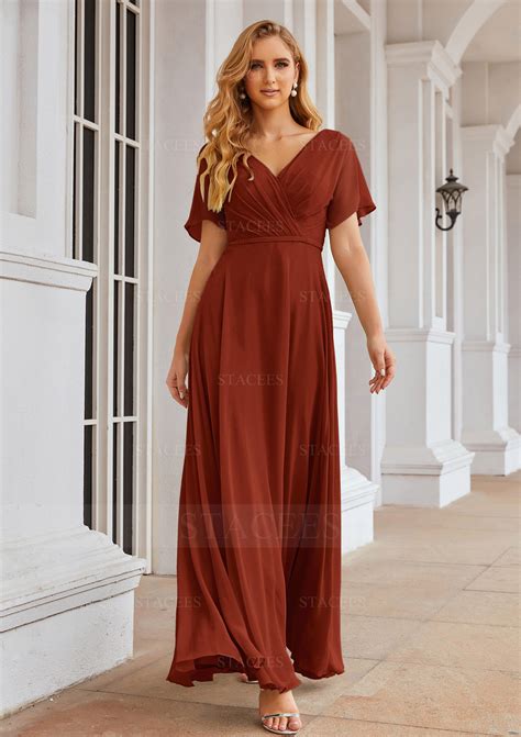 A Line V Neck Chiffon Long Floor Length Bridesmaid Dress With Pleated