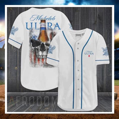 US Flag Black Skull Michelob ULTRA Baseball Jersey Teebluechic