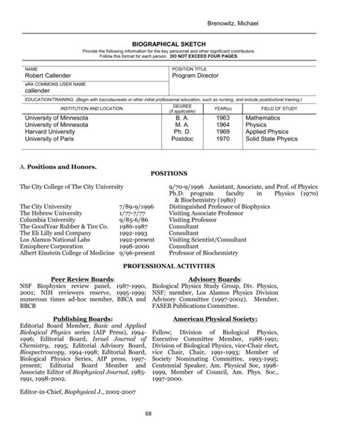 Phs Rev Biographical Sketch Format Page