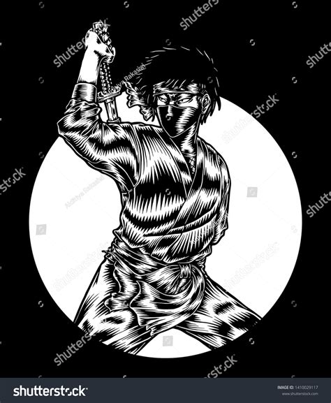 Ninja Assasin Hand Drawn Engraving Illustration Stock Vector Royalty