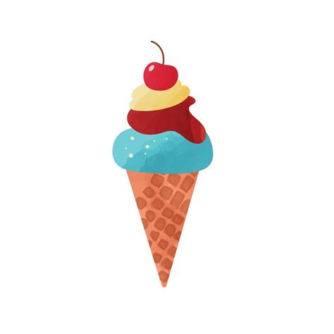 Ice Cream In Waffle Cone With Cherry On Top Vector Flat Illustration