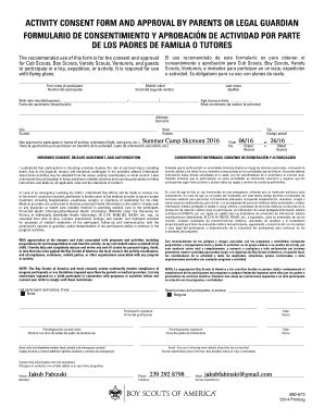 Fillable Online Activity Consent Form And Approval By Parents Or Legal