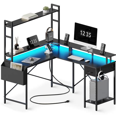 Huuger L Shaped Desk Gaming Desk With Led Lights And Power Outlets Comp