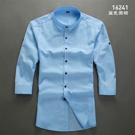 Men White Linen Shirt Stand Collar Chinese Traditional Mandarin Collar