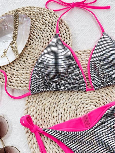 Shein Swim Sxy Conjunto De Bikini Metalizado Sujetador De Tri Ngulo