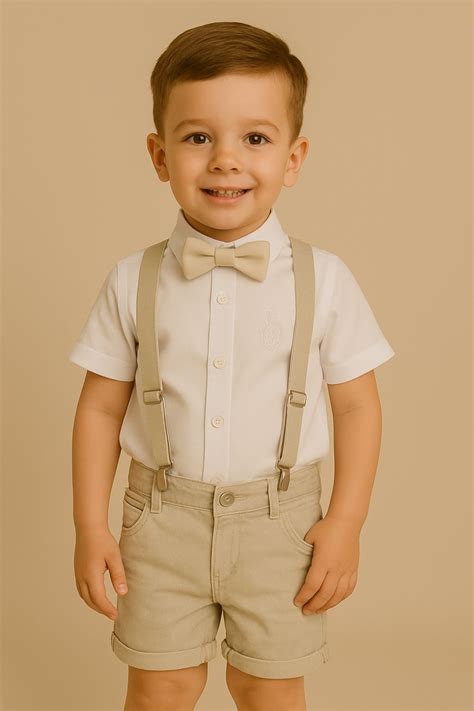 Conjunto Roupa Social Infantil Bermuda Nude E Camisa Branca Para