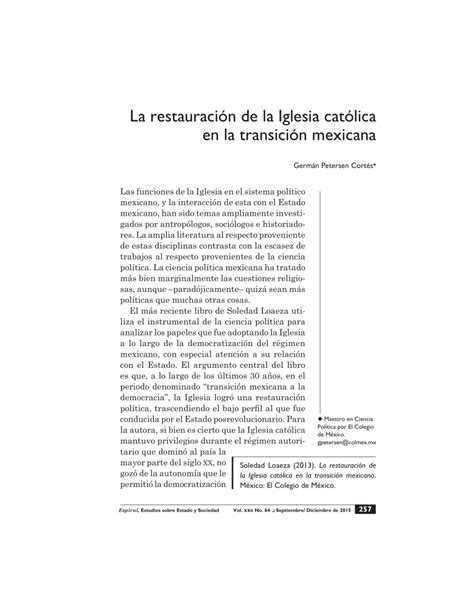 Pdf La Restauraci N De La Iglesia Cat Lica En La Transici N Mexicana