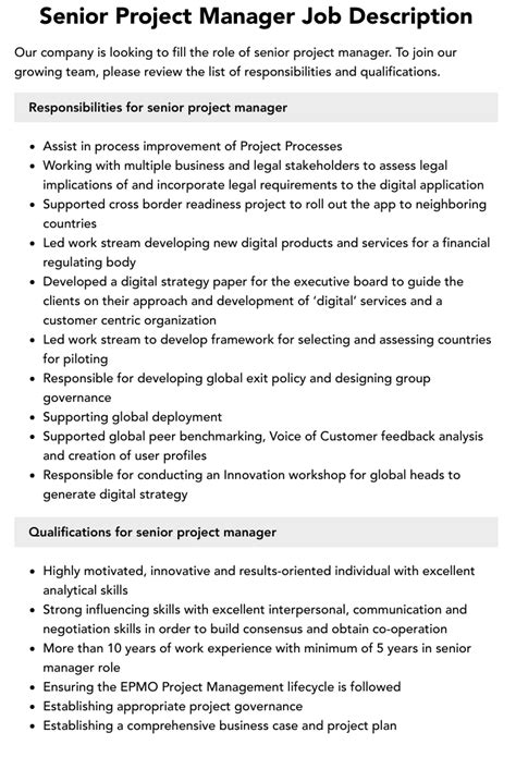 Senior Project Manager Job Description Velvet Jobs