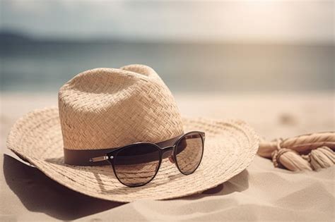 Premium Ai Image Straw Hat And Sunglasses On The Beach Beach Holiday